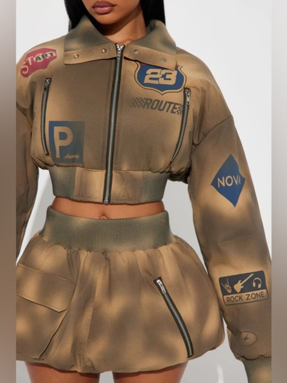 Fashion Nova Bomber Set with puffer jacket and skirt Large EUC worn once